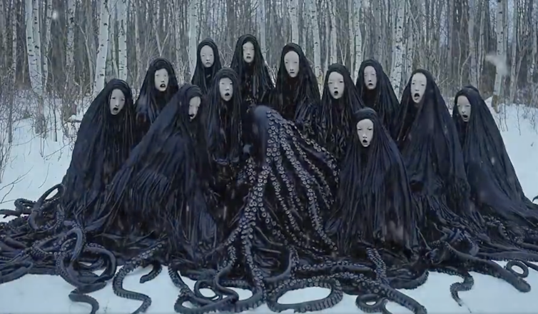 A group of 12 wailing women with long black hair and tentacles.